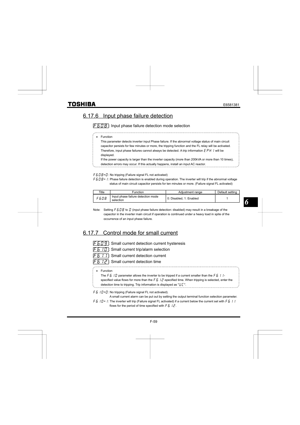 6 input phase failure detection, 7 control mode for small current | Toshiba VF-FS1 User Manual | Page 155 / 252