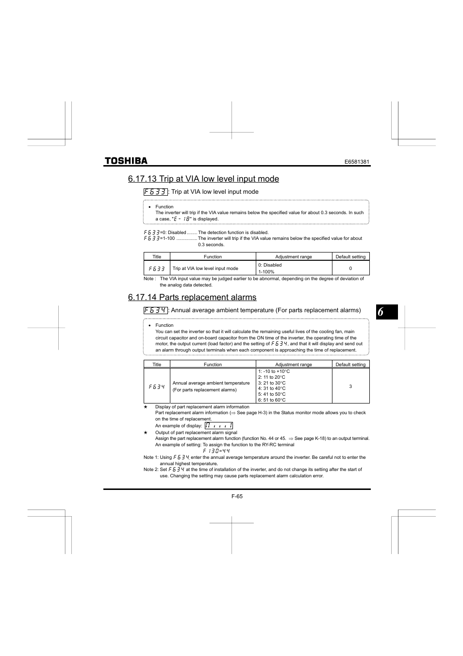 13 trip at via low level input mode, 14 parts replacement alarms | Toshiba VF-FS1 User Manual | Page 161 / 252