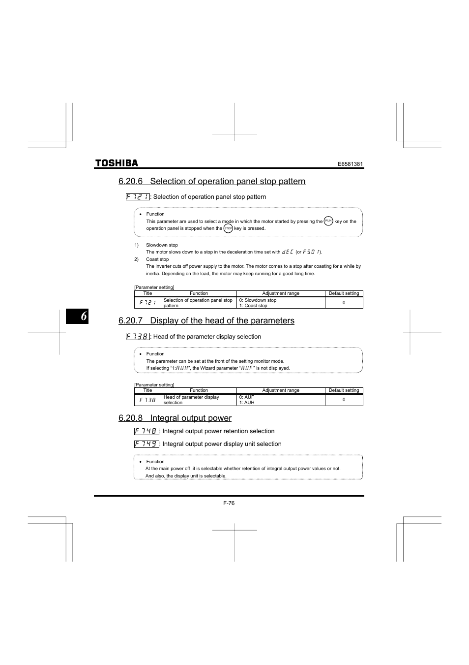 6 selection of operation panel stop pattern, 7 display of the head of the parameters, 8 integral output power | Toshiba VF-FS1 User Manual | Page 172 / 252