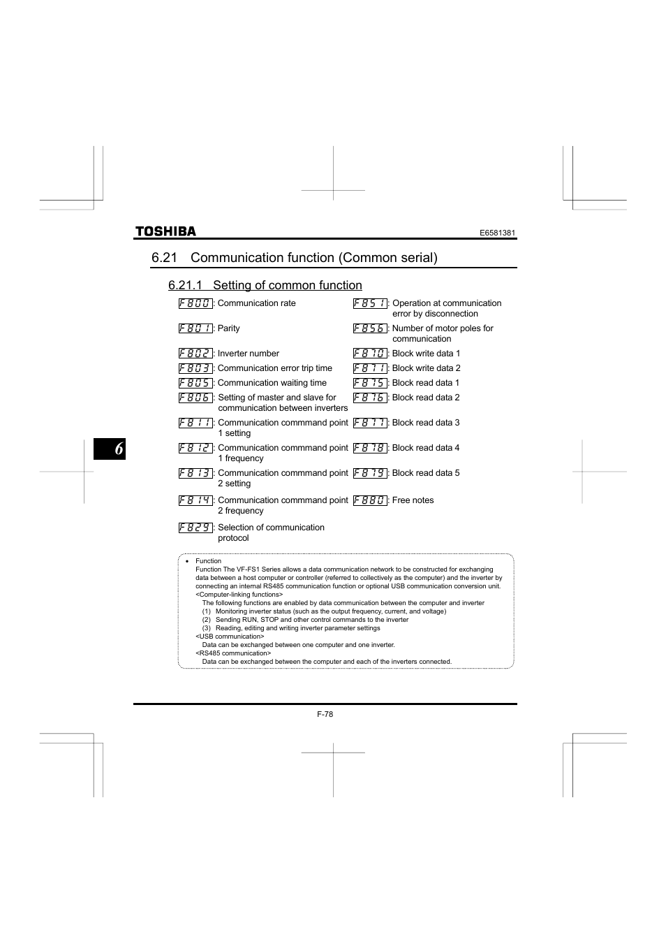 21 communication function (common serial), 1 setting of common function | Toshiba VF-FS1 User Manual | Page 174 / 252