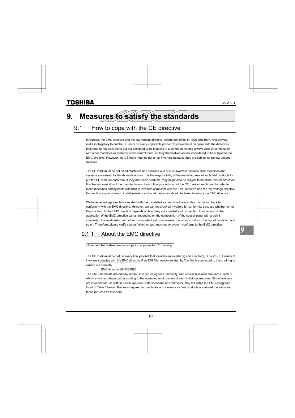 Measures to satisfy the standards, 1 how to cope with the ce directive, 1 about the emc directive | Toshiba VF-FS1 User Manual | Page 197 / 252