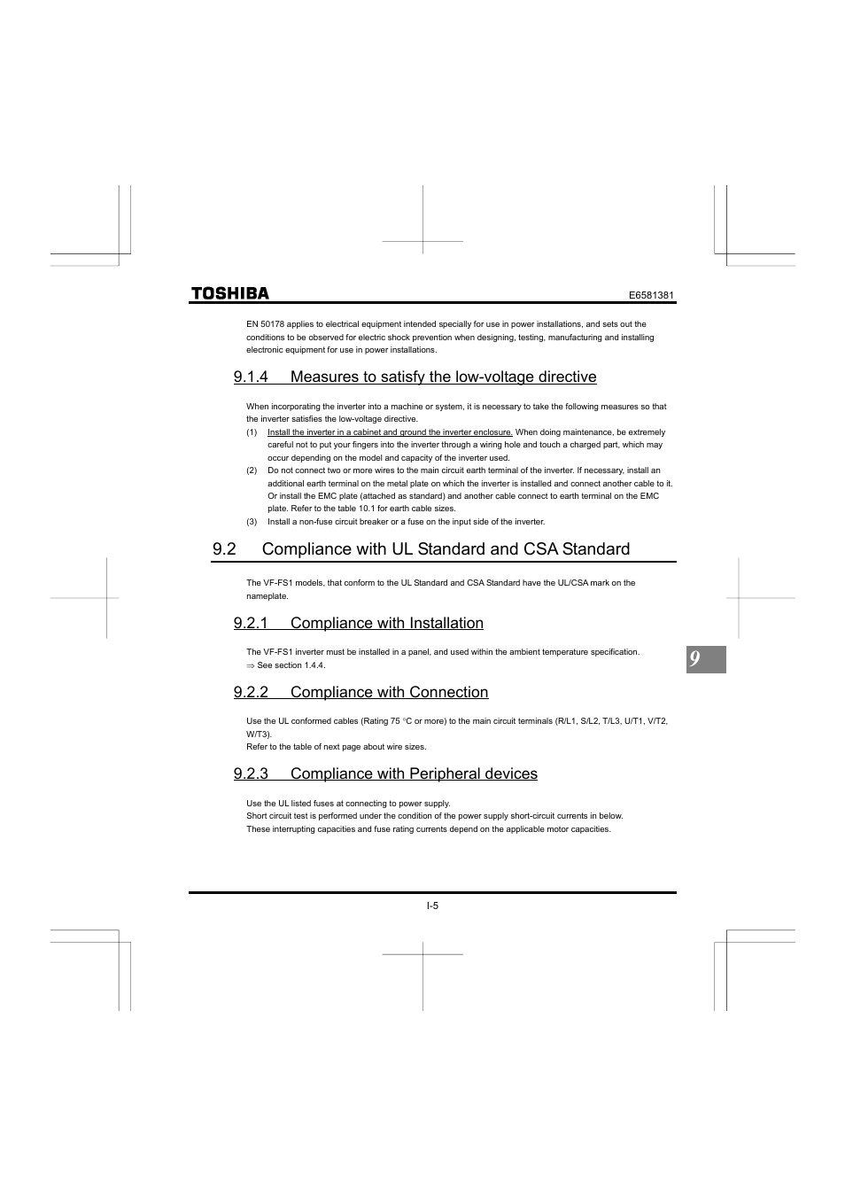 2 compliance with ul standard and csa standard, 4 measures to satisfy the low-voltage directive, 1 compliance with installation | 2 compliance with connection, 3 compliance with peripheral devices | Toshiba VF-FS1 User Manual | Page 201 / 252