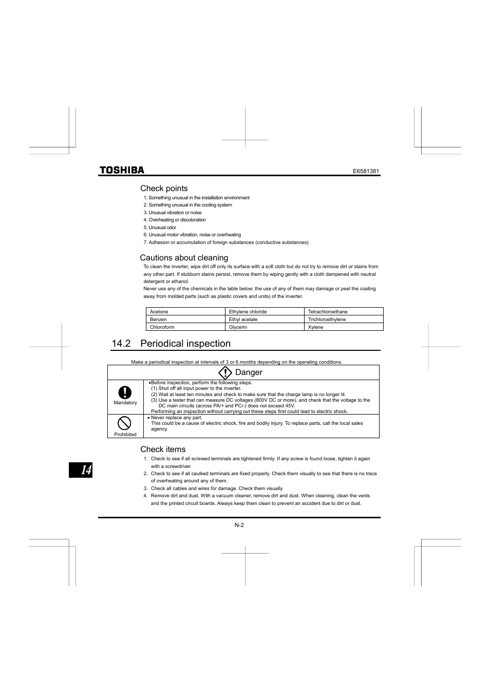 2 periodical inspection, Check points, Cautions about cleaning | Danger, Check items | Toshiba VF-FS1 User Manual | Page 244 / 252