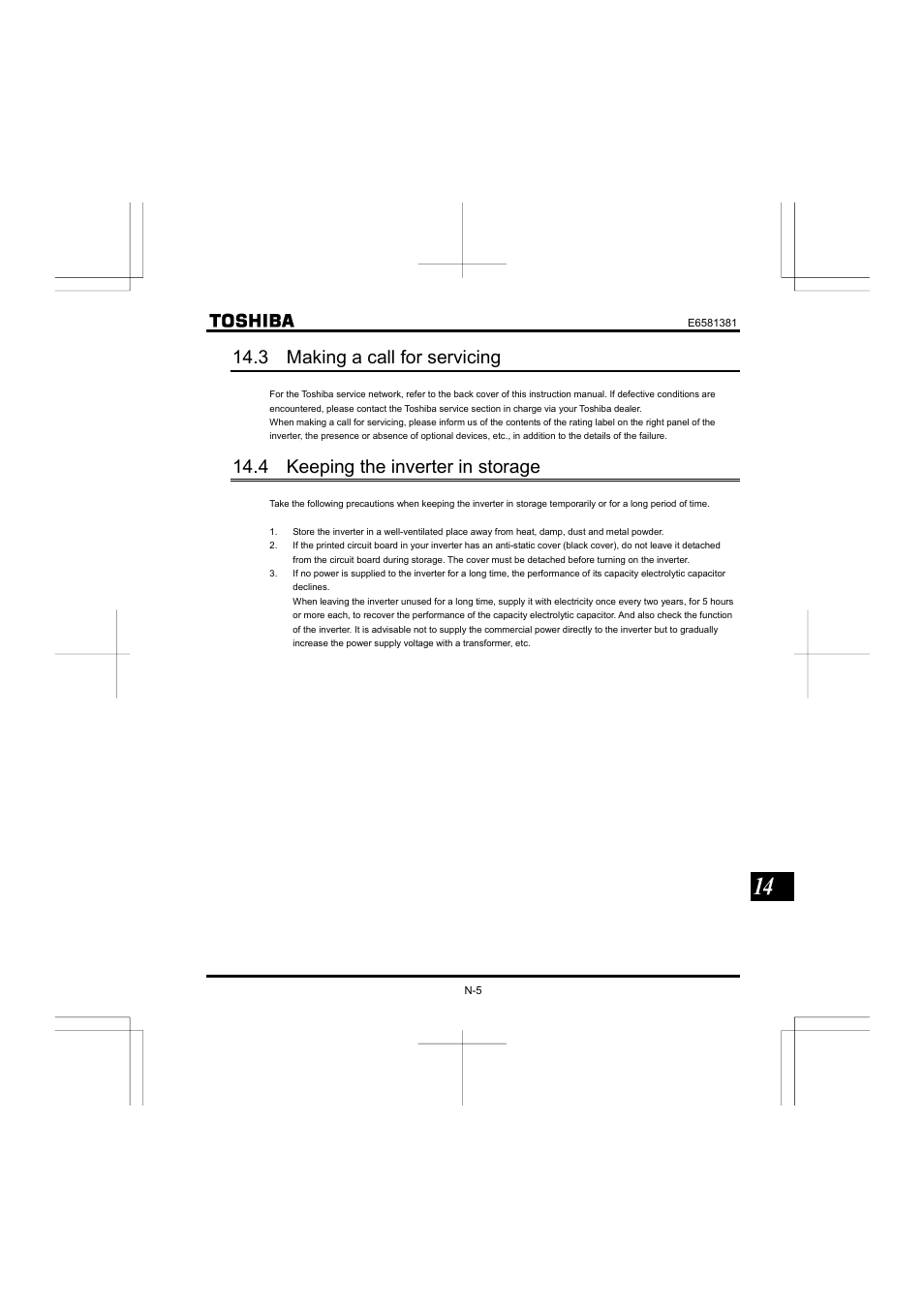 3 making a call for servicing, 4 keeping the inverter in storage | Toshiba VF-FS1 User Manual | Page 247 / 252