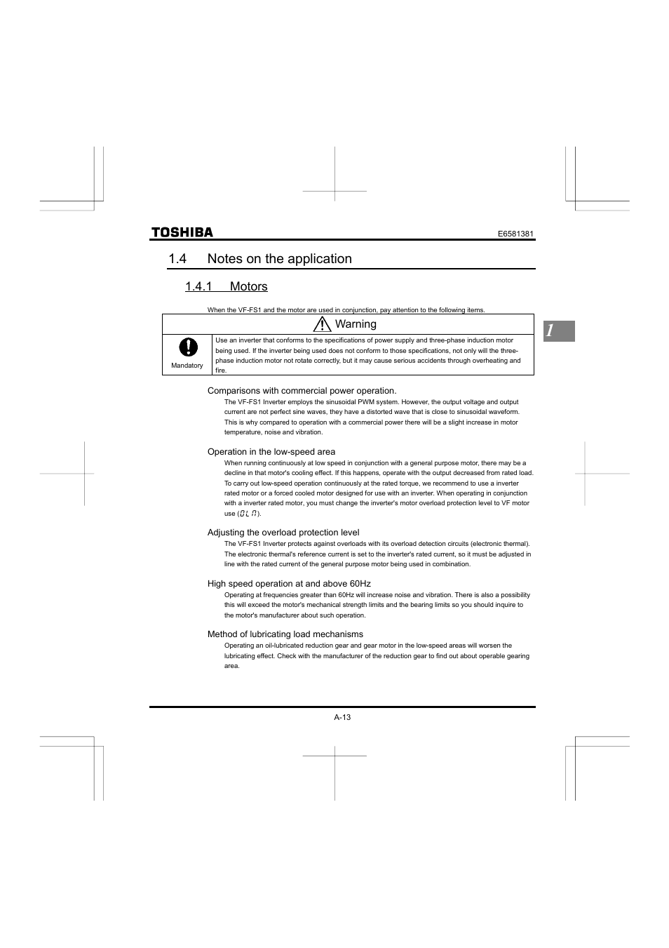 4 notes on the application, 1 motors, Warning | Toshiba VF-FS1 User Manual | Page 25 / 252