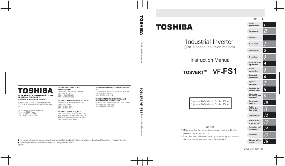 Buck cover, Toshiba, Industrial inverter | Instruction manual, Tosvert, For 3-phase induction motors | Toshiba VF-FS1 User Manual | Page 252 / 252