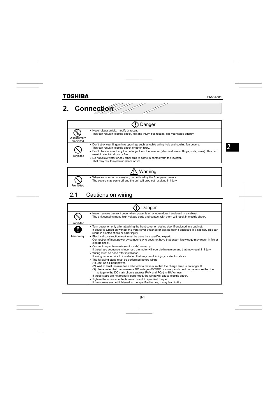 Connection, 1 cautions on wiring, Danger | Warning | Toshiba VF-FS1 User Manual | Page 37 / 252