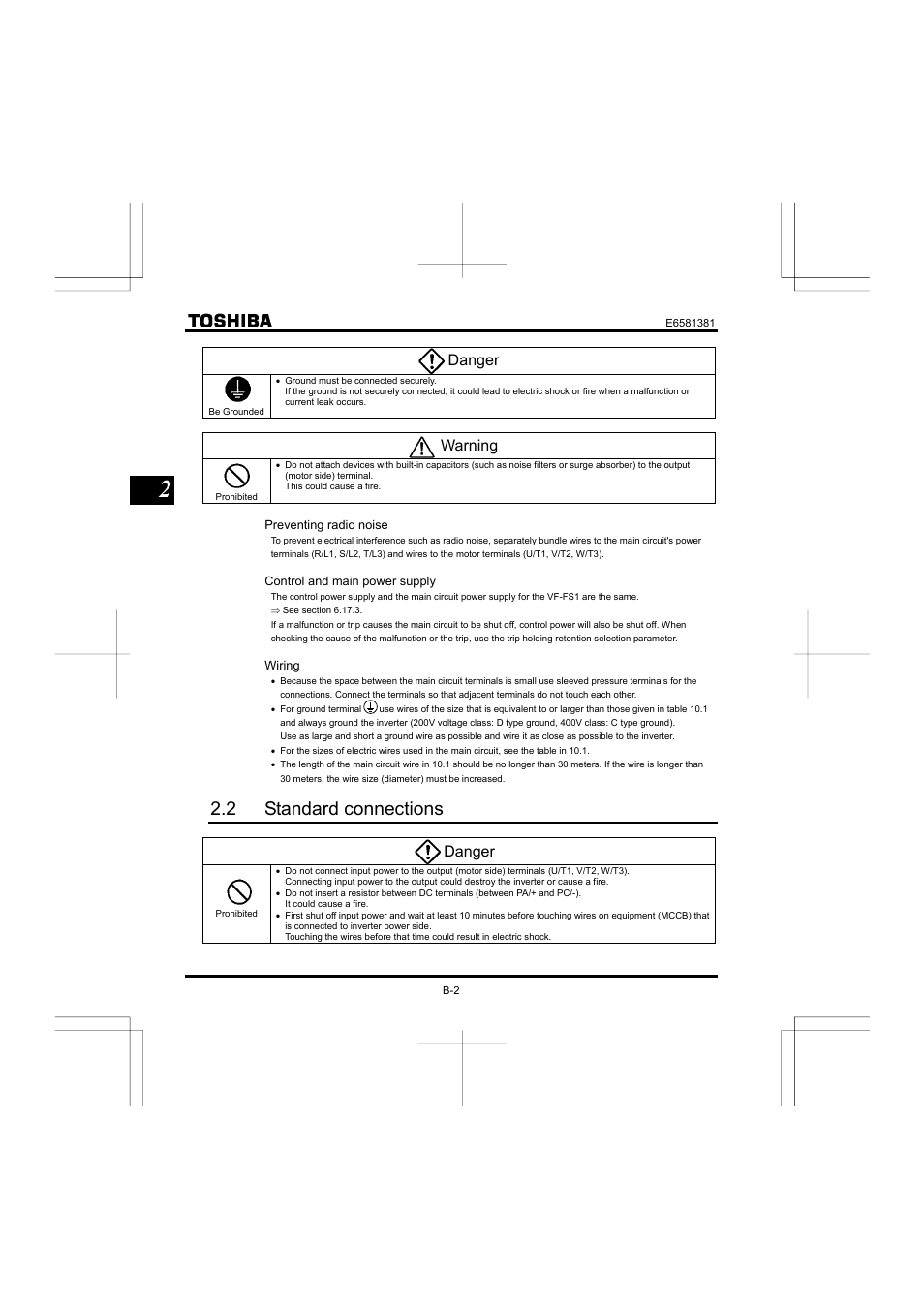 2 standard connections, Danger, Warning | Toshiba VF-FS1 User Manual | Page 38 / 252