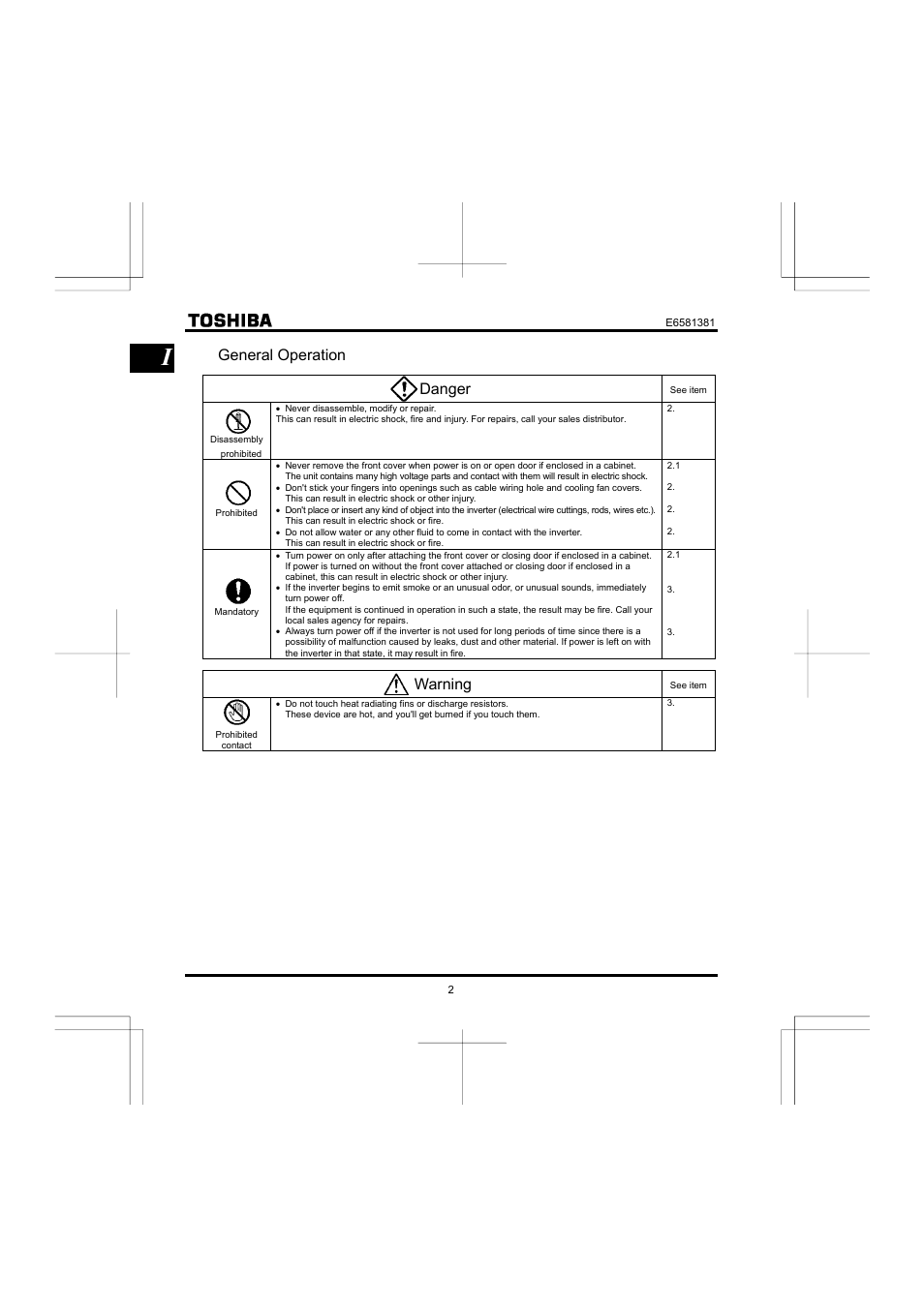General operation danger, Warning | Toshiba VF-FS1 User Manual | Page 4 / 252