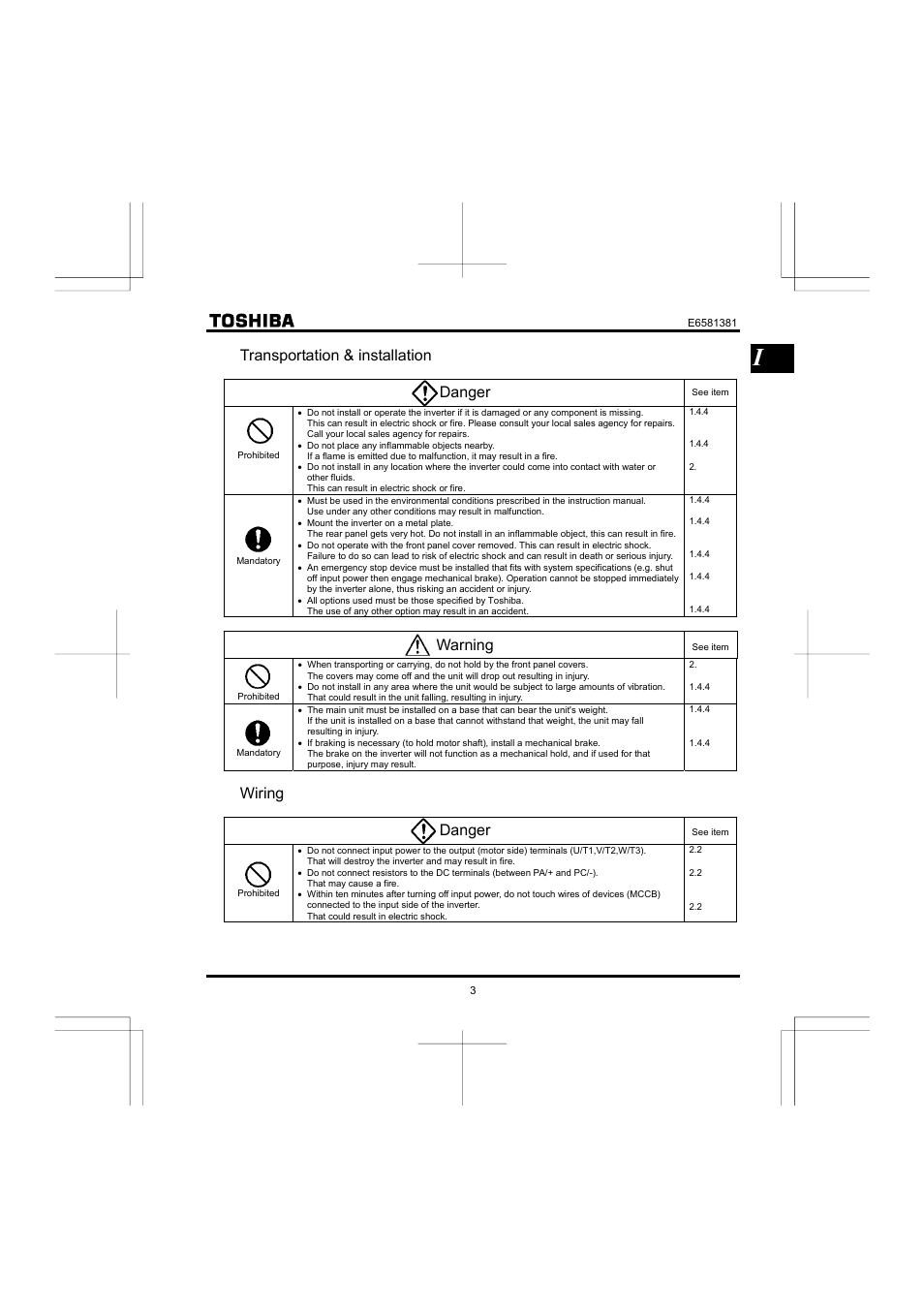 Transportation & installation danger, Warning, Wiring danger | Toshiba VF-FS1 User Manual | Page 5 / 252