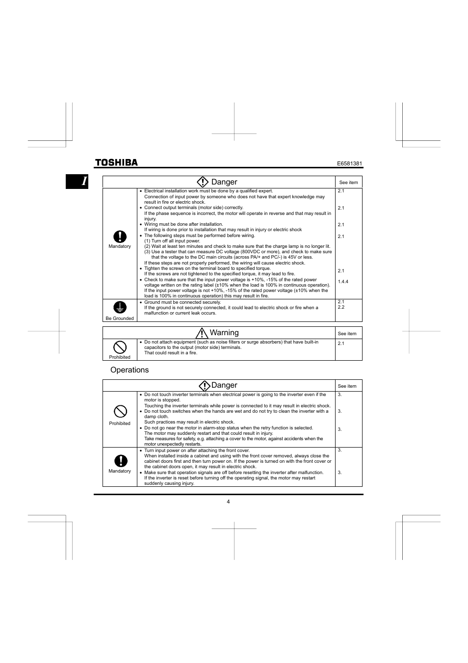 Danger, Warning, Operations danger | Toshiba VF-FS1 User Manual | Page 6 / 252