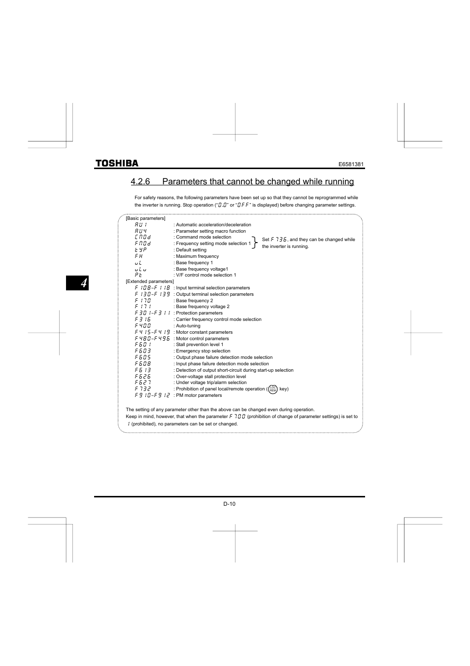 6 parameters that cannot be changed while running | Toshiba VF-FS1 User Manual | Page 64 / 252