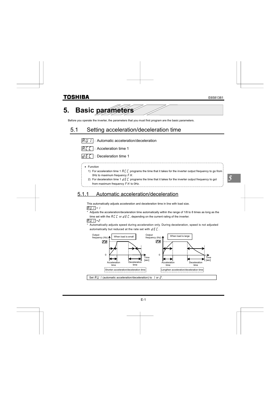 Basic parameters, 1 setting acceleration/deceleration time, 1 automatic acceleration/deceleration | Toshiba VF-FS1 User Manual | Page 67 / 252