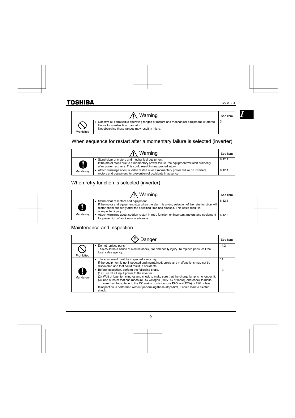 Warning, When retry function is selected (inverter) warning, Maintenance and inspection danger | Toshiba VF-FS1 User Manual | Page 7 / 252