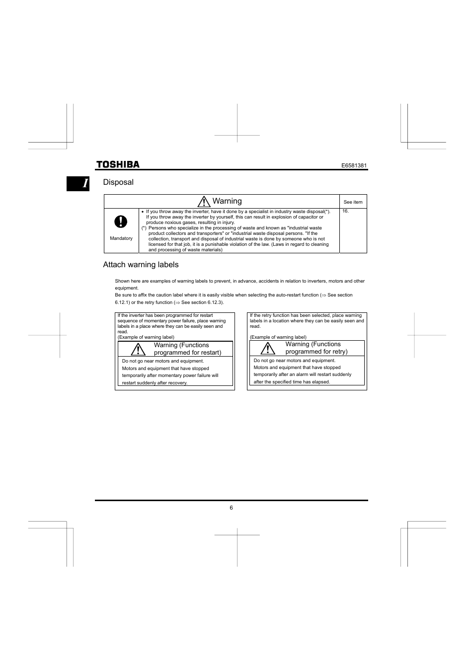 Disposal warning, Attach warning labels | Toshiba VF-FS1 User Manual | Page 8 / 252