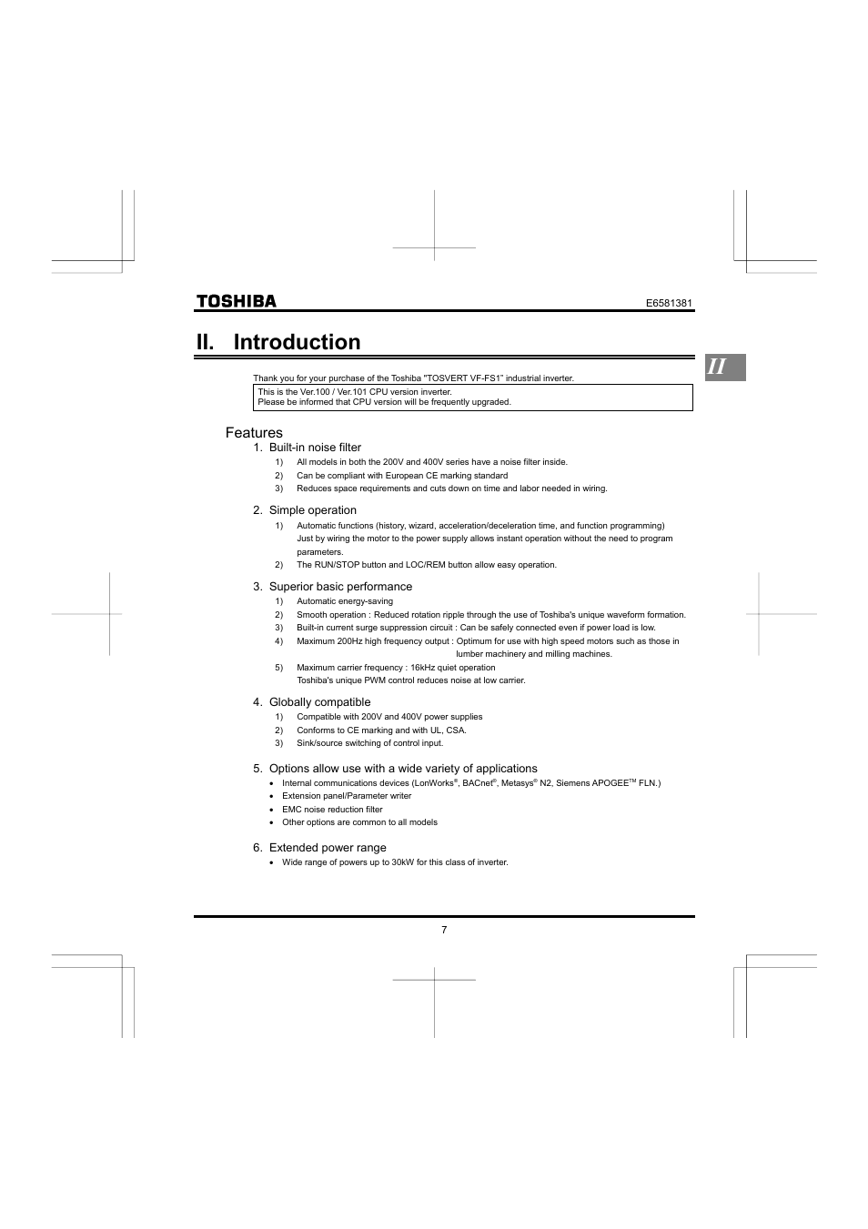 Ii. introduction, Features | Toshiba VF-FS1 User Manual | Page 9 / 252
