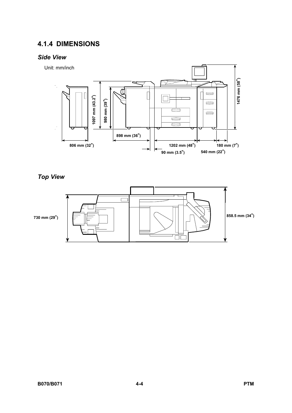 4 dimensions, Side view, Top view | Toshiba E-STUDIO900 User Manual | Page 128 / 224