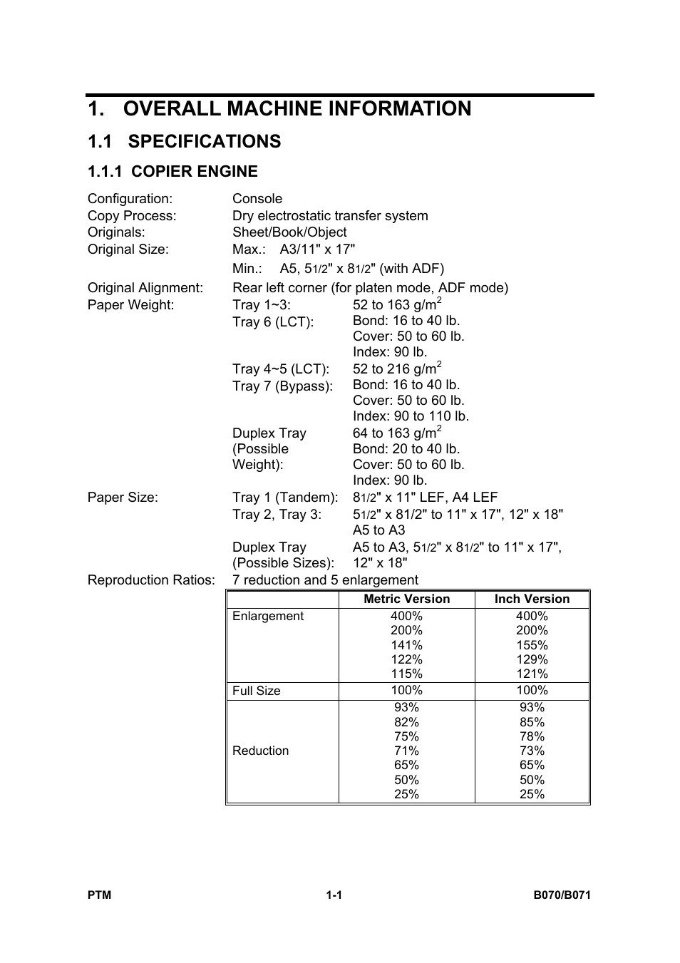 Overall machine information, 1 specifications, 1 copier engine | Toshiba E-STUDIO900 User Manual | Page 14 / 224