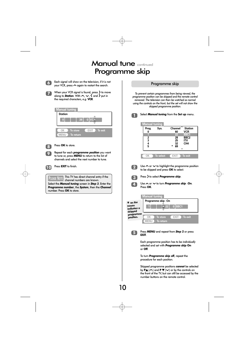 Manual tune, Programme skip | Toshiba ZP38 Series User Manual | Page 10 / 24