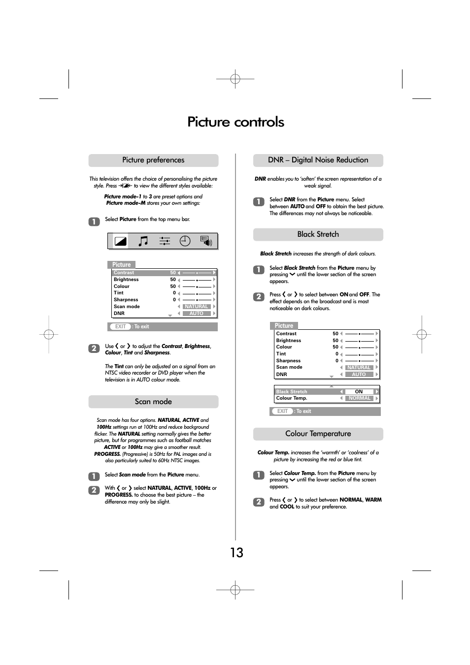 Picture controls, Dnr – digital noise reduction, Colour temperature | Black stretch, Picture preferences scan mode 1 2 1 2 | Toshiba ZP38 Series User Manual | Page 13 / 24
