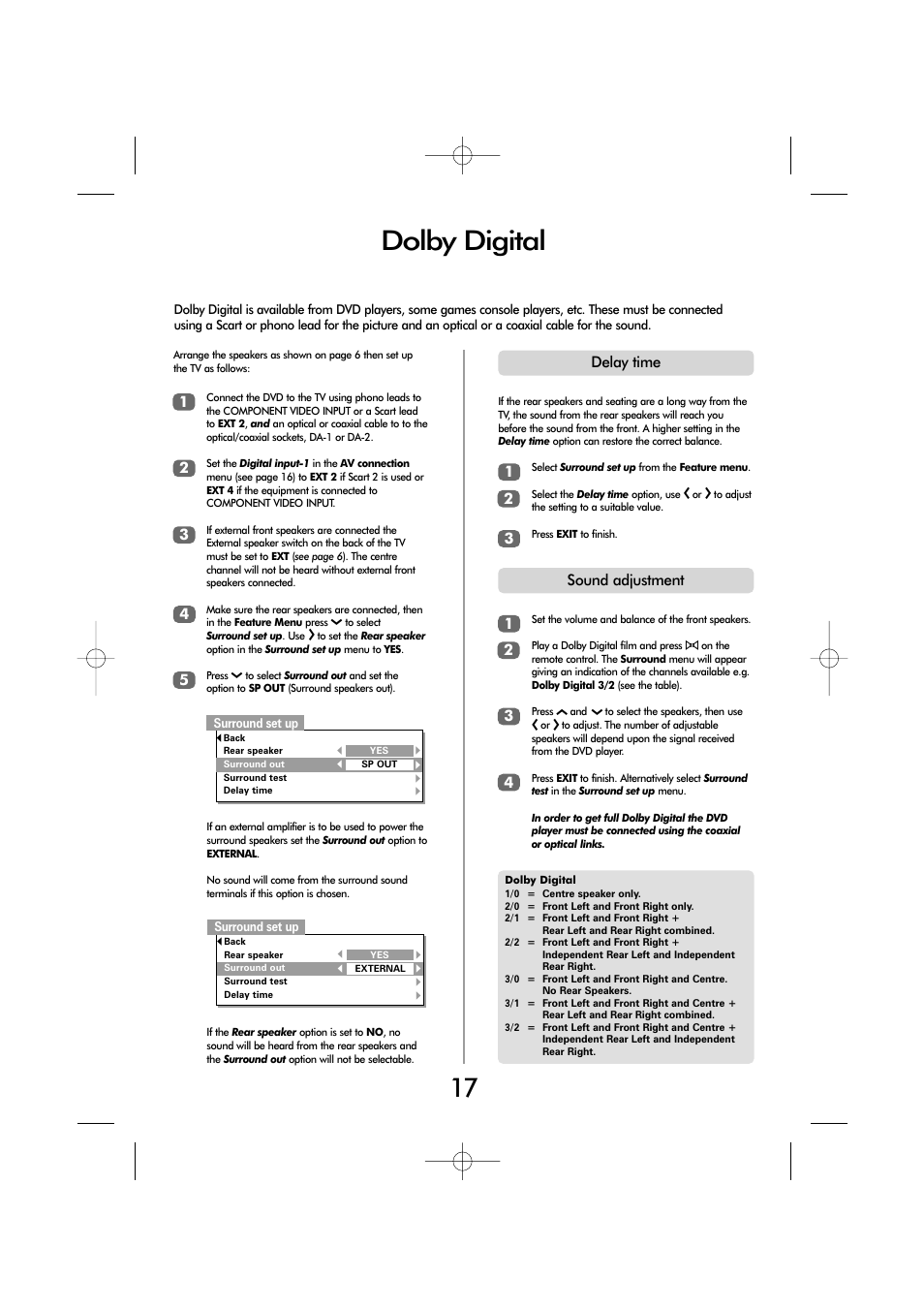 Dolby digital, Sound adjustment 1 2 3 4 | Toshiba ZP38 Series User Manual | Page 17 / 24