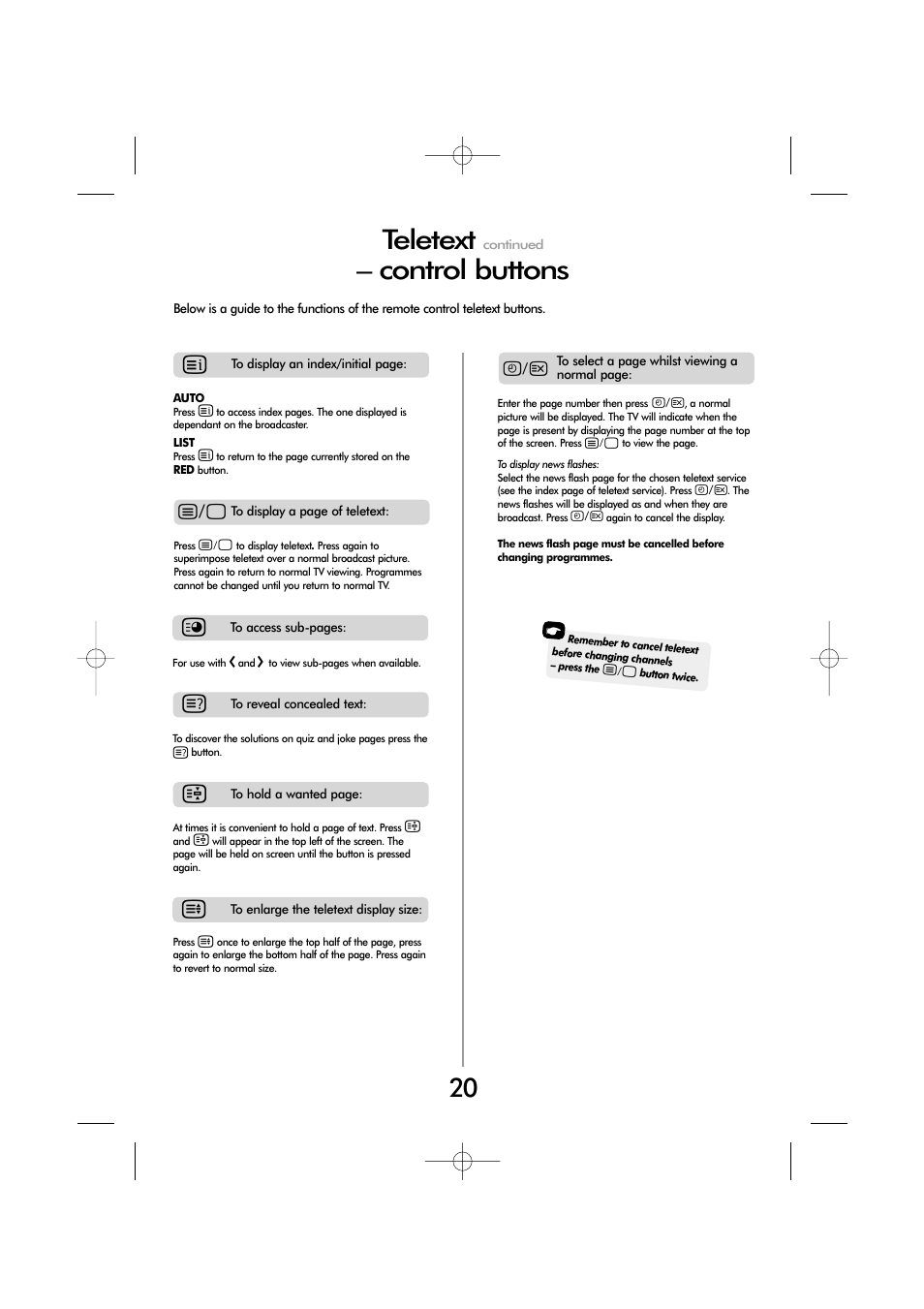 Teletext, Control buttons | Toshiba ZP38 Series User Manual | Page 20 / 24