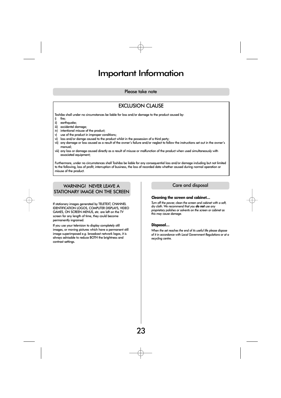 Important information, Exclusion clause | Toshiba ZP38 Series User Manual | Page 23 / 24