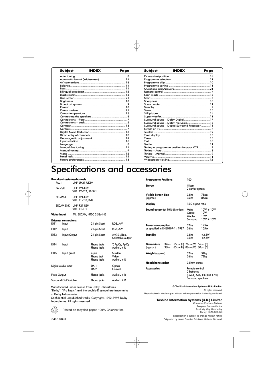 Specifications and accessories | Toshiba ZP38 Series User Manual | Page 24 / 24