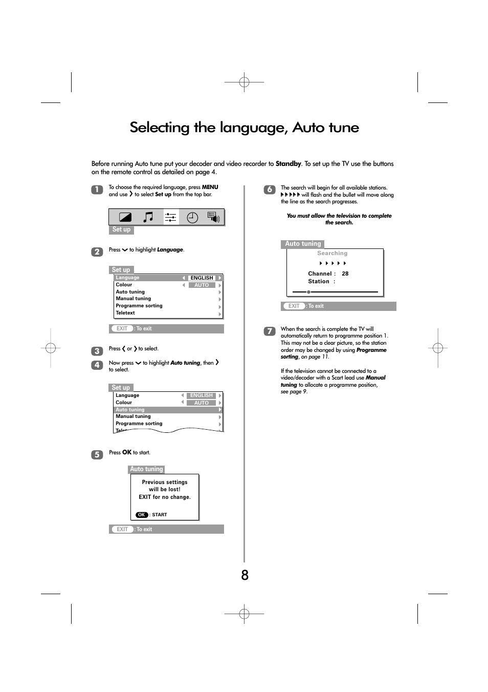 Selecting the language, auto tune, Xx xx xx xx xx | Toshiba ZP38 Series User Manual | Page 8 / 24