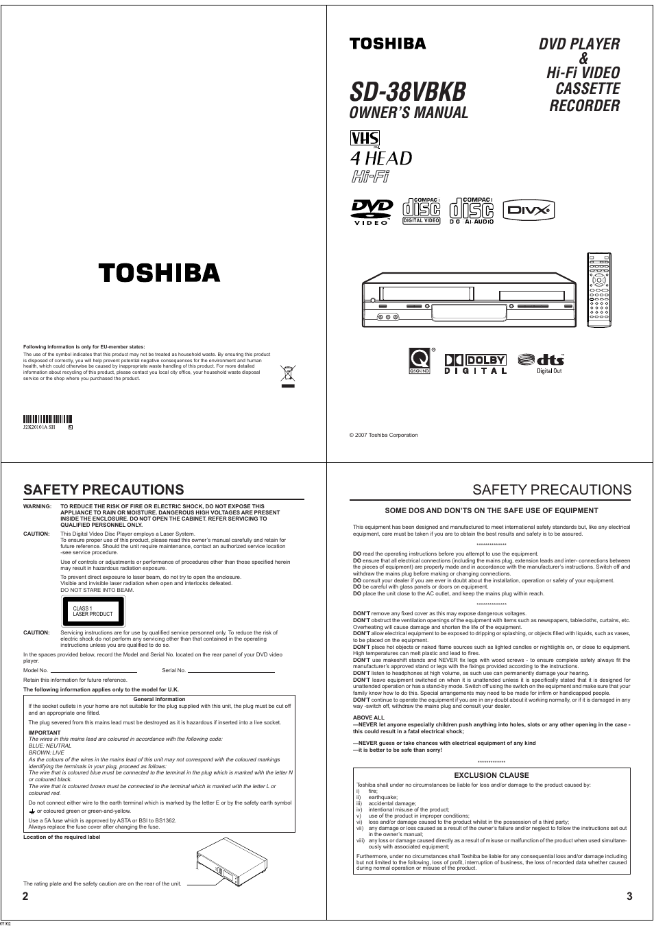 Toshiba SD-38VBKB User Manual | 15 pages