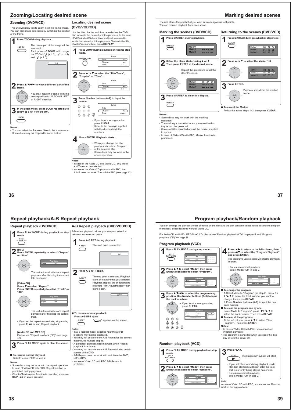 Zooming/locating desired scene, Marking desired scenes, Repeat playback/a-b repeat playback | Program playback/random playback | Toshiba SD-38VBKB User Manual | Page 10 / 15