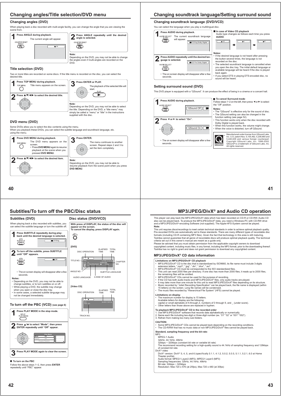 Changing angles/title selection/dvd menu, 42 subtitles/to turn off the pbc/disc status, 43 mp3/jpeg/divx | And audio cd operation | Toshiba SD-38VBKB User Manual | Page 11 / 15