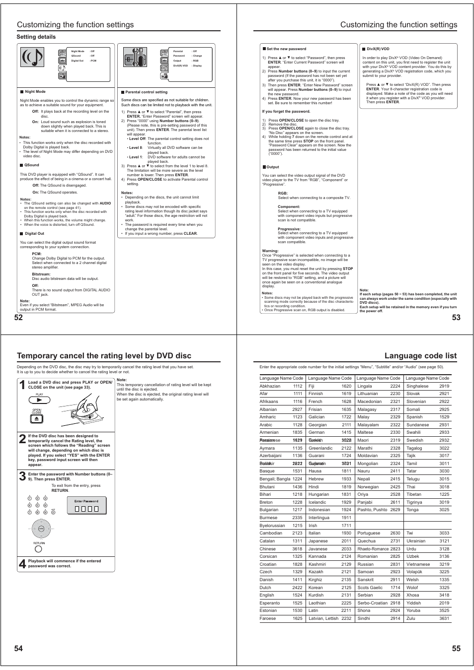 Customizing the function settings, 55 language code list, Setting details | Toshiba SD-38VBKB User Manual | Page 14 / 15