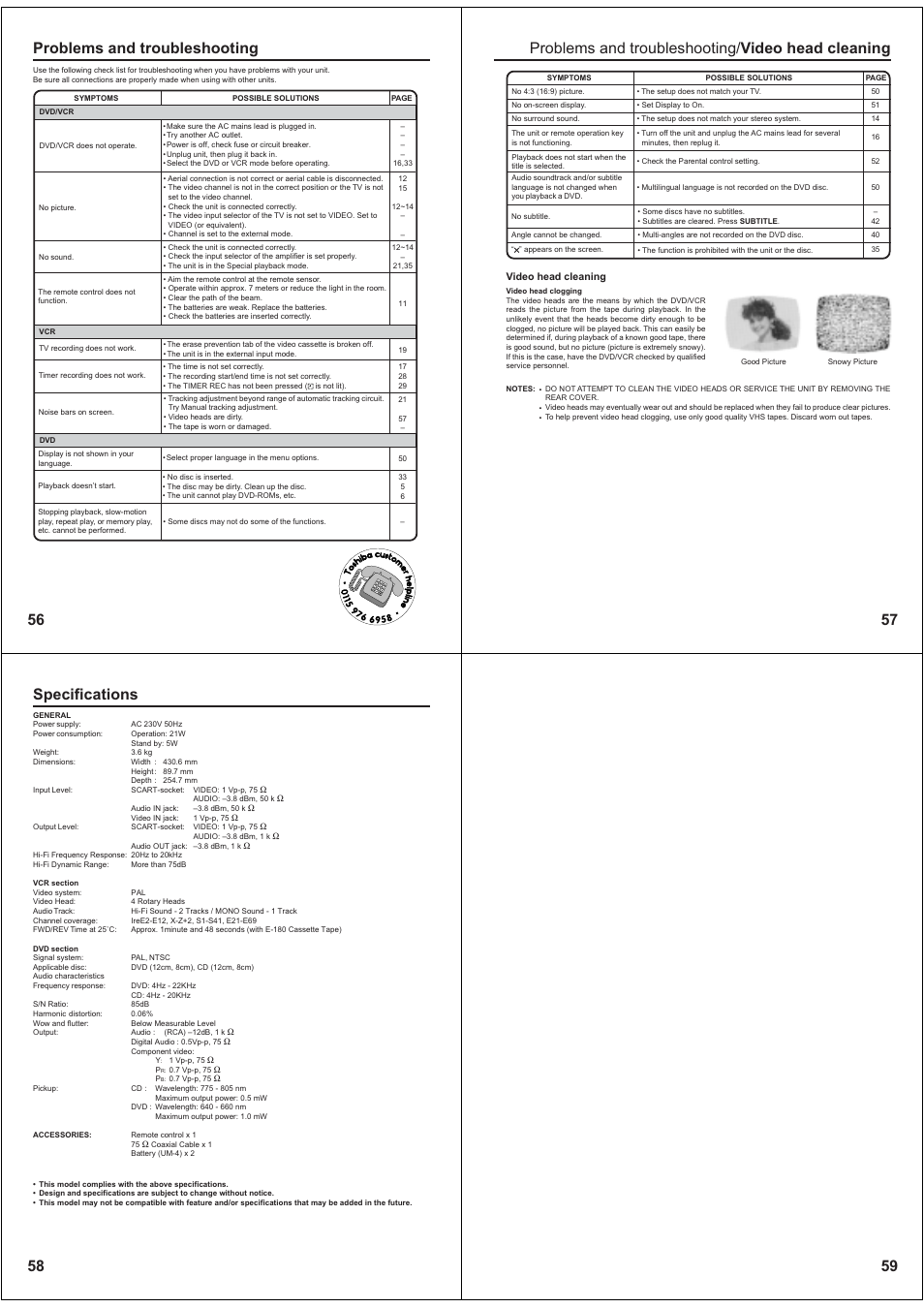Problems and troubleshooting, Problems and troubleshooting/ video head cleaning, Specifications | Toshiba SD-38VBKB User Manual | Page 15 / 15