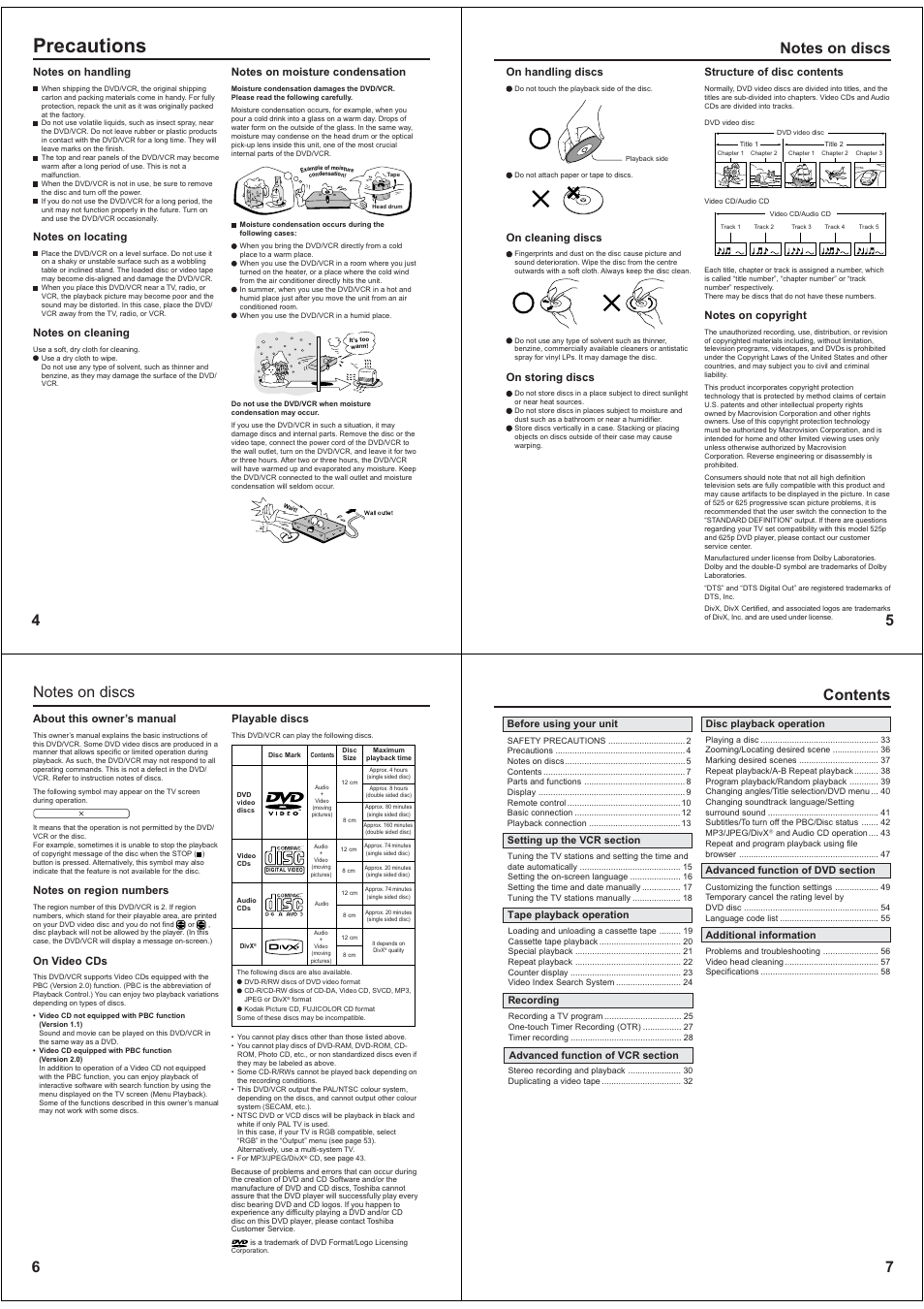 Precautions, 7contents, On handling discs | On cleaning discs, On storing discs, Structure of disc contents, About this owner’s manual, On video cds, Playable discs | Toshiba SD-38VBKB User Manual | Page 2 / 15