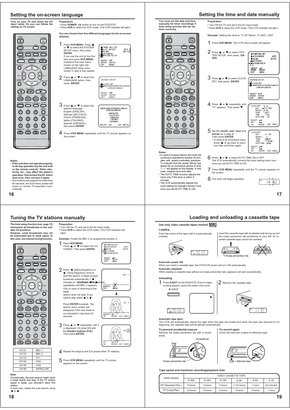 16 setting the on-screen language, Setting the time and date manually, Tuning the tv stations manually | Loading and unloading a cassette tape | Toshiba SD-38VBKB User Manual | Page 5 / 15