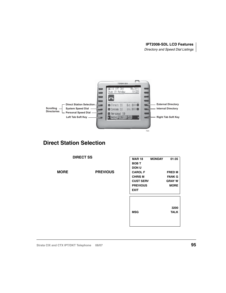 Directory and speed dial listings, Direct station selection, Directory and speed dial | Toshiba STRATA CIX DKT User Manual | Page 113 / 171