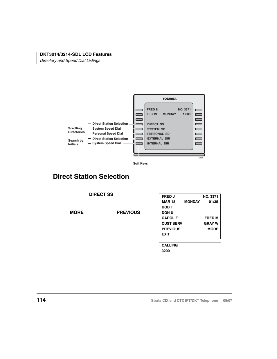 Directory and speed dial listings, Direct station selection, The directory menu (idle state) is shown below | Soft key; press | Toshiba STRATA CIX DKT User Manual | Page 132 / 171