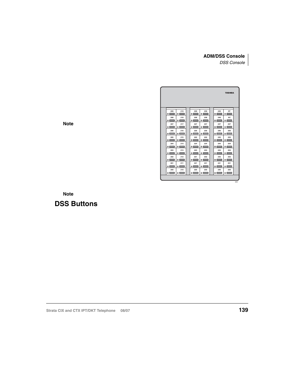 Dss console, Dss buttons, Adm/dss console | Strata cix and ctx ipt/dkt telephone 08/07 | Toshiba STRATA CIX DKT User Manual | Page 157 / 171