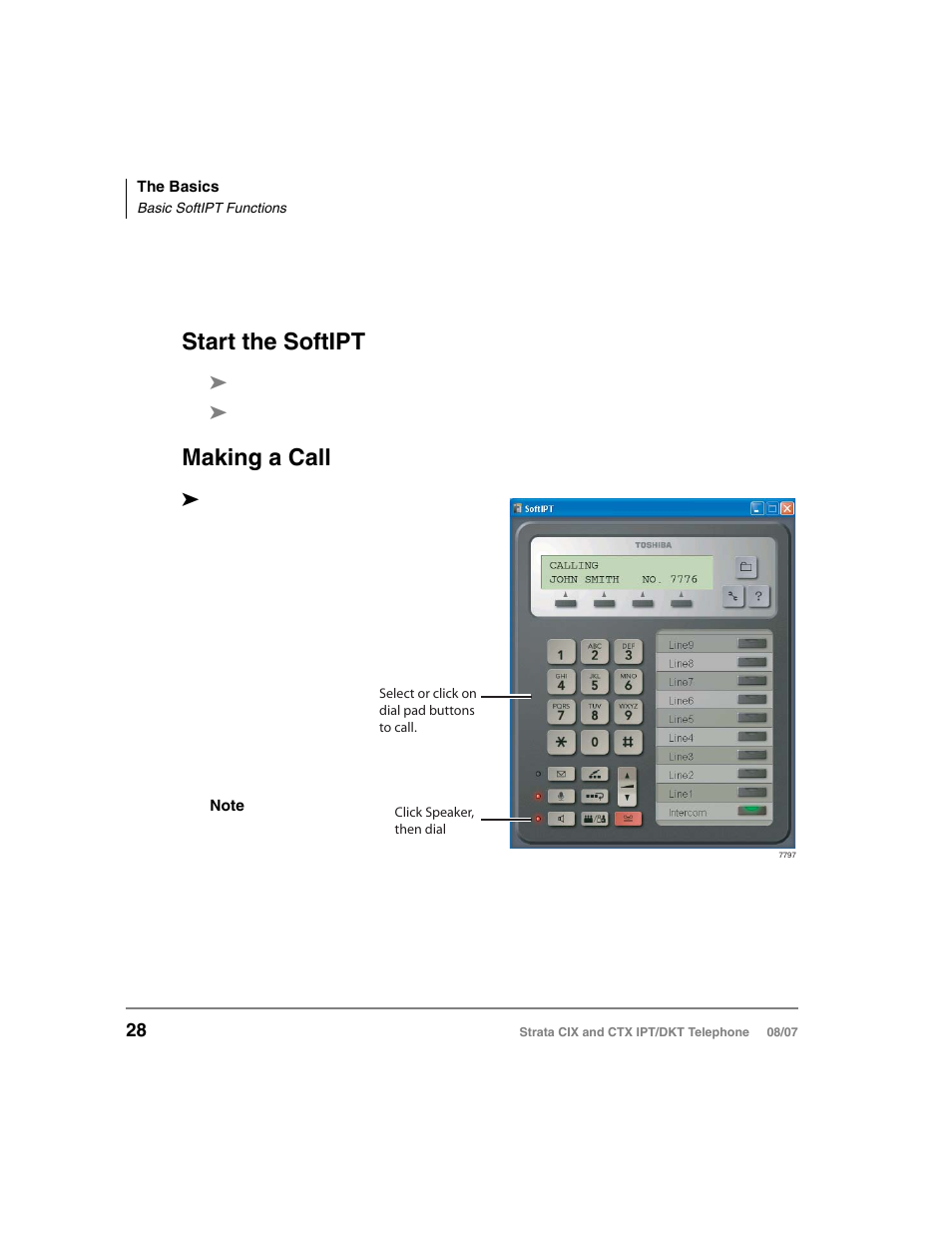 Basic softipt functions, Start the softipt, Making a call | Start the softipt making a call | Toshiba STRATA CIX DKT User Manual | Page 46 / 171
