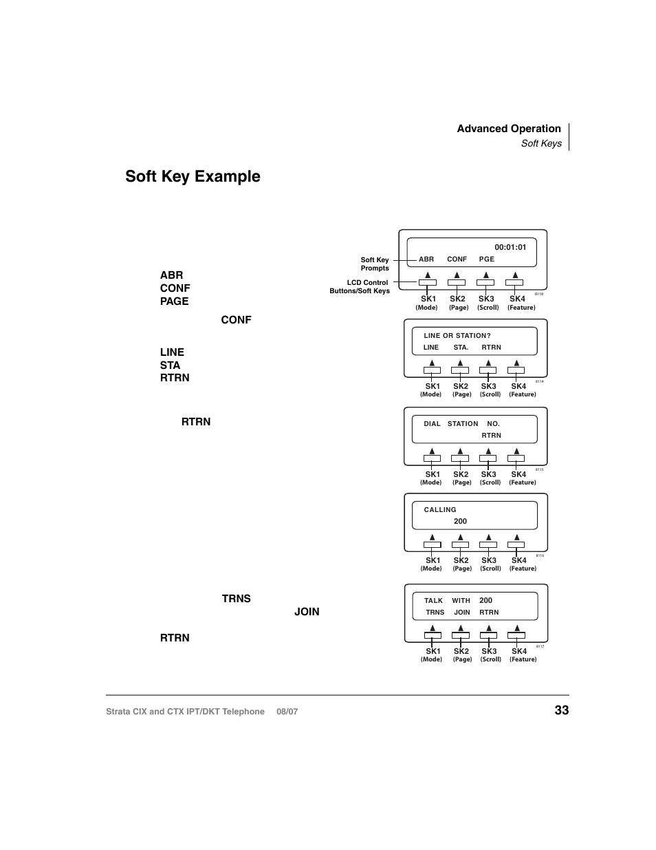 Soft key example, Automatic busy redial, Conference | Paging 2. if you select, Press, The display changes as shown right, Add an outside line to the conference, Add another station, Soft key (press | Toshiba STRATA CIX DKT User Manual | Page 51 / 171
