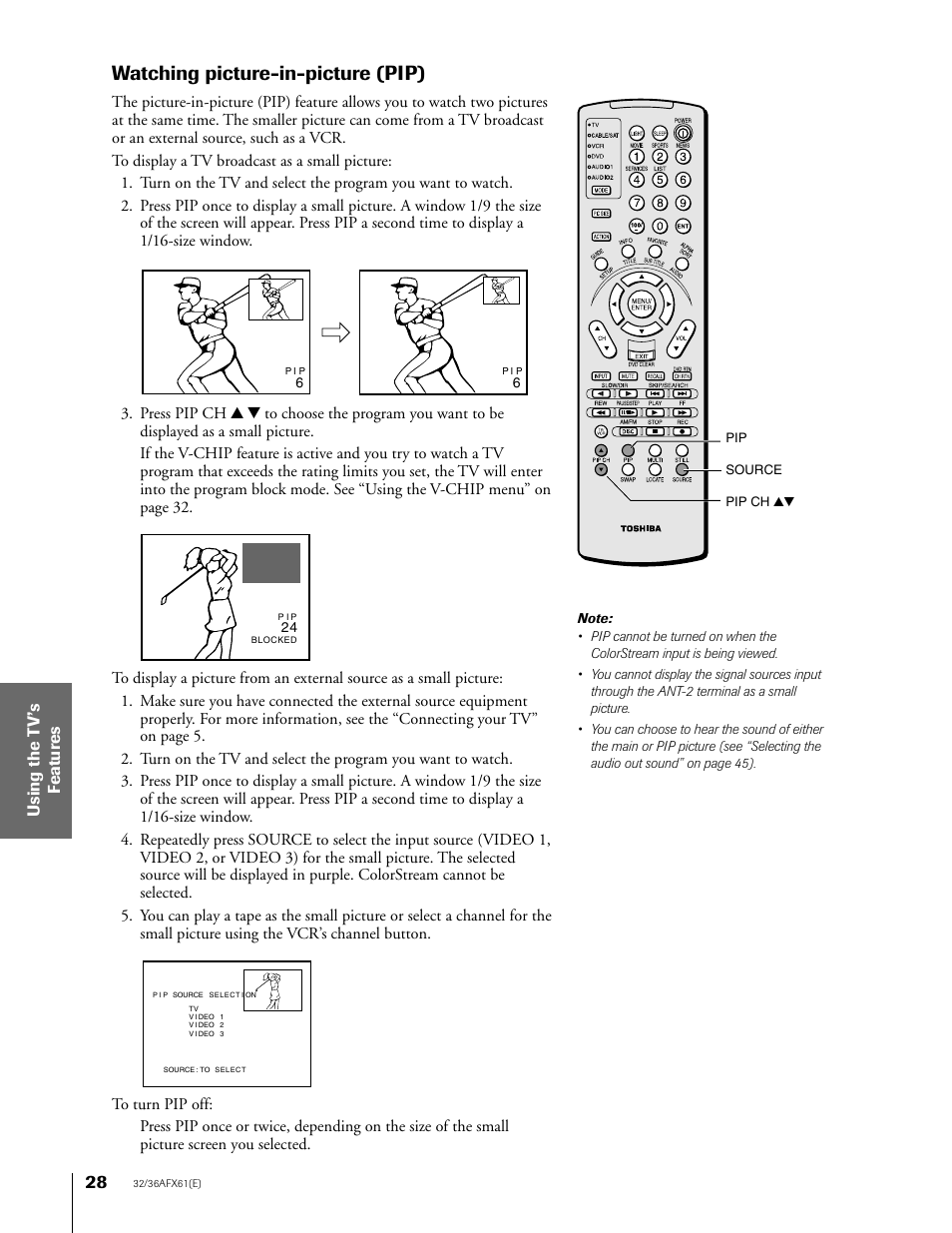 Watching picture-in-picture (pip) | Toshiba 32AFX61 User Manual | Page 28 / 53