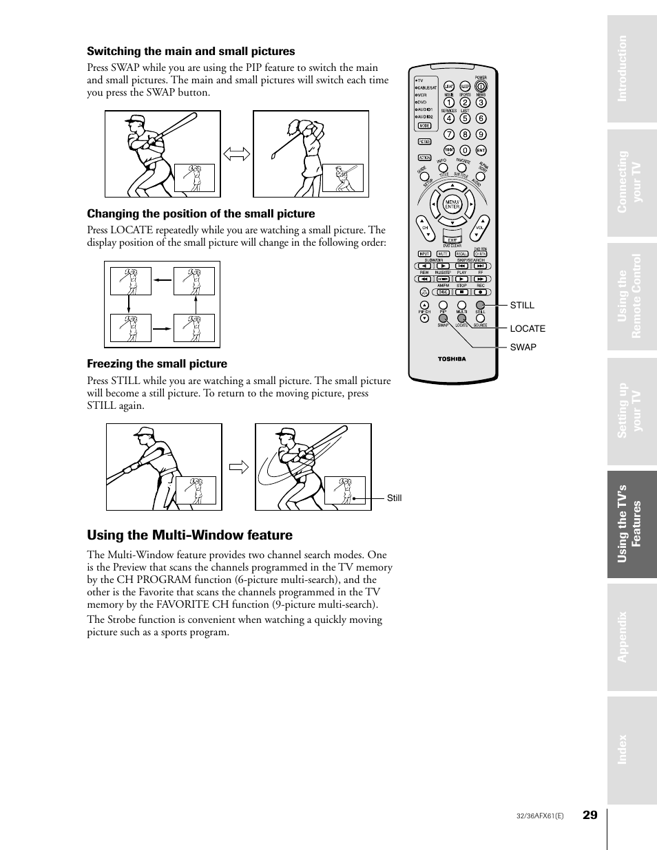 Multi-window, Using the multi-window feature | Toshiba 32AFX61 User Manual | Page 29 / 53