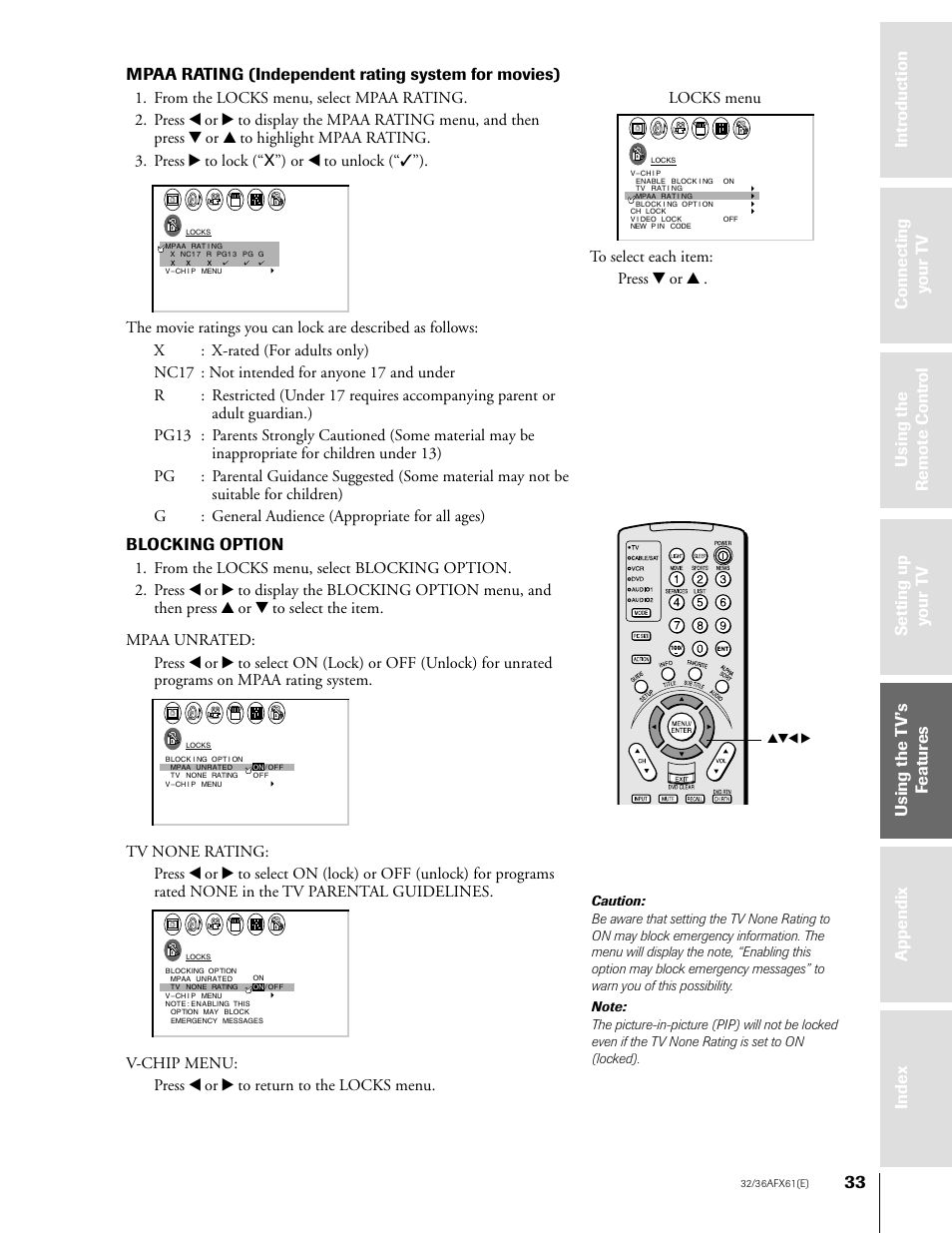 Mpaa rating (independent rating system for movies), Blocking option | Toshiba 32AFX61 User Manual | Page 33 / 53