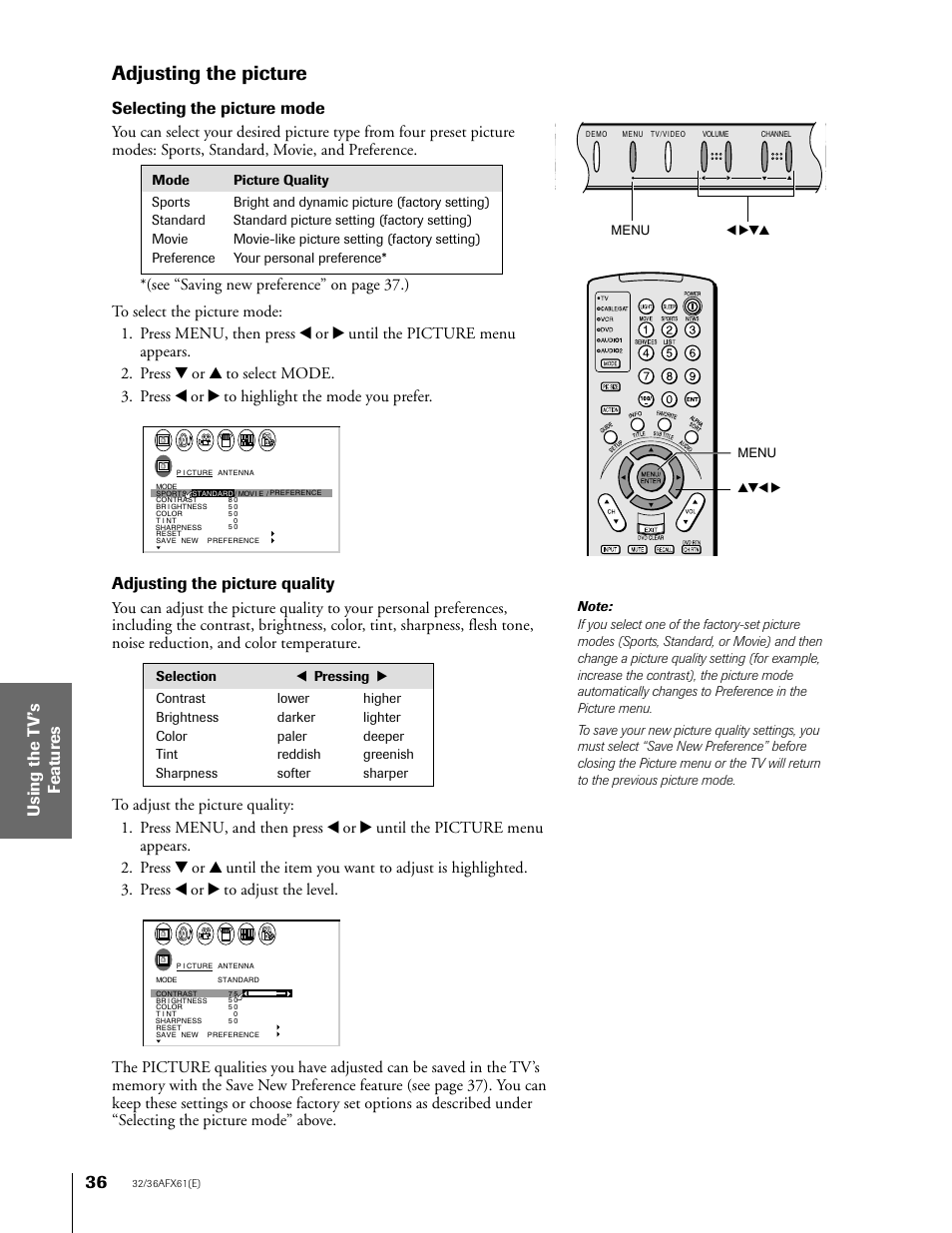 Adjusting the picture, Selecting the picture mode, Adjusting the picture quality | Menu x •zy menu yzx | Toshiba 32AFX61 User Manual | Page 36 / 53