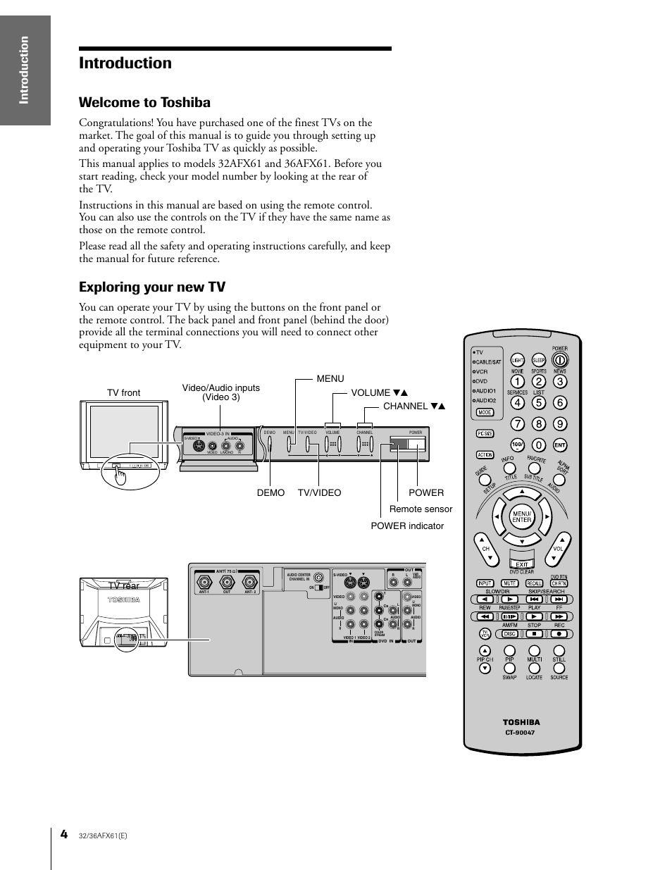 Introduction, Welcome to toshiba, Exploring your new tv | Toshiba 32AFX61 User Manual | Page 4 / 53