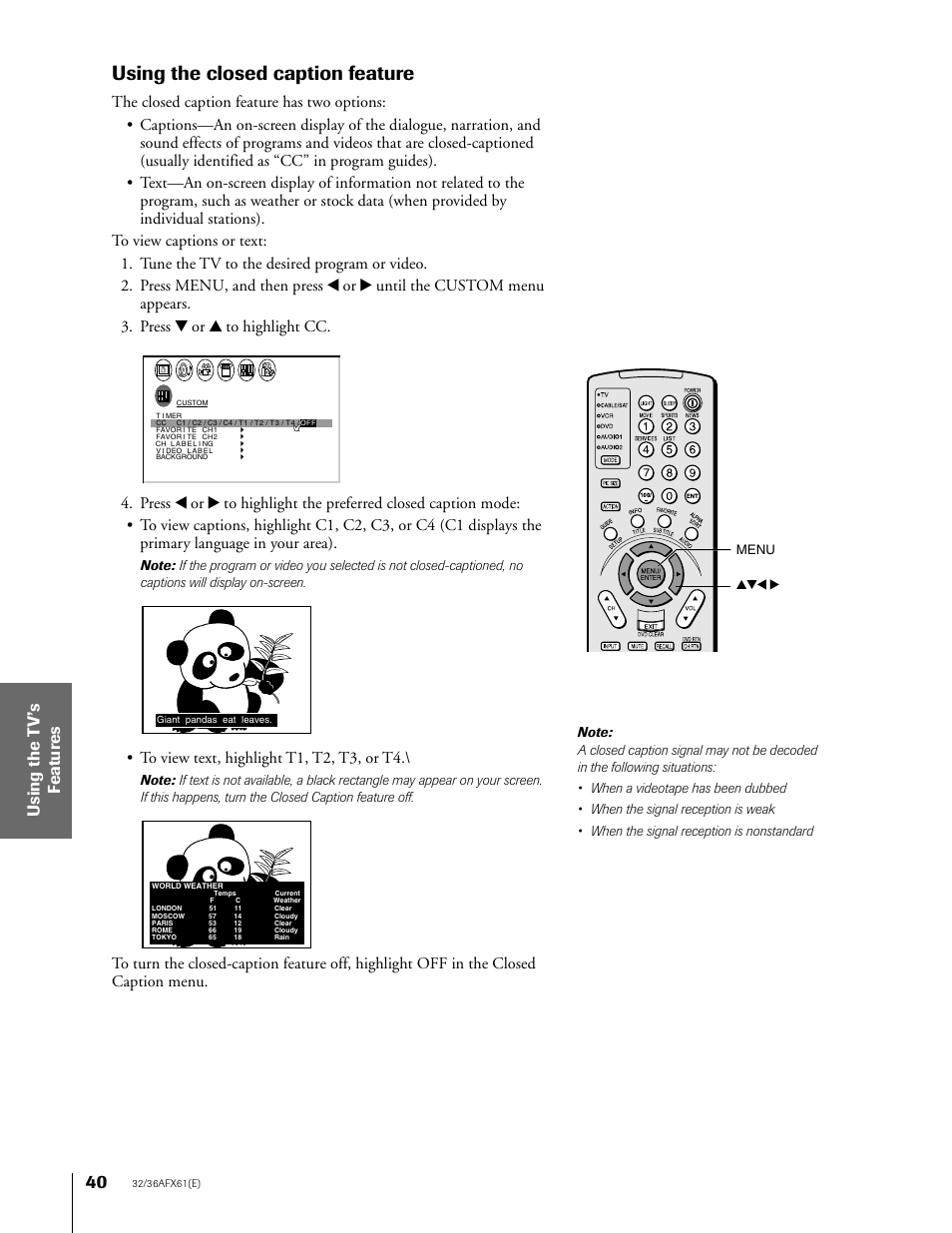 Closed caption, Using the closed caption feature, Menu yzx | Toshiba 32AFX61 User Manual | Page 40 / 53