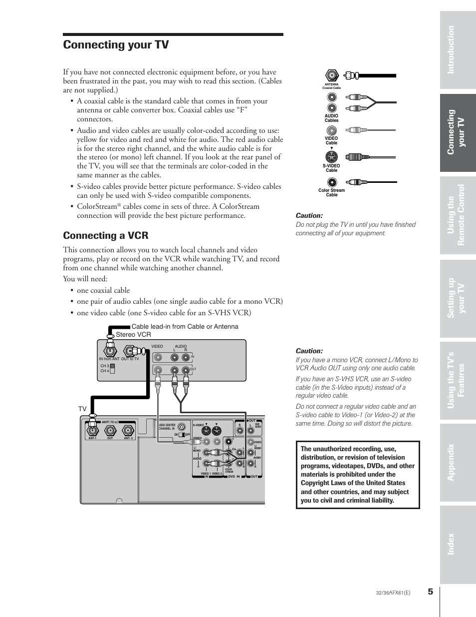 Connecting your tv, Connecting a vcr | Toshiba 32AFX61 User Manual | Page 5 / 53