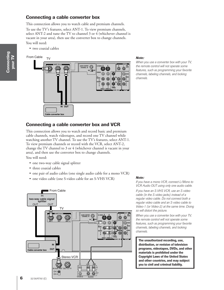 Cable converter box / and a vcr, Connecting a cable converter box, Connecting a cable converter box and vcr | Tv from cable tv from cable stereo vcr | Toshiba 32AFX61 User Manual | Page 6 / 53