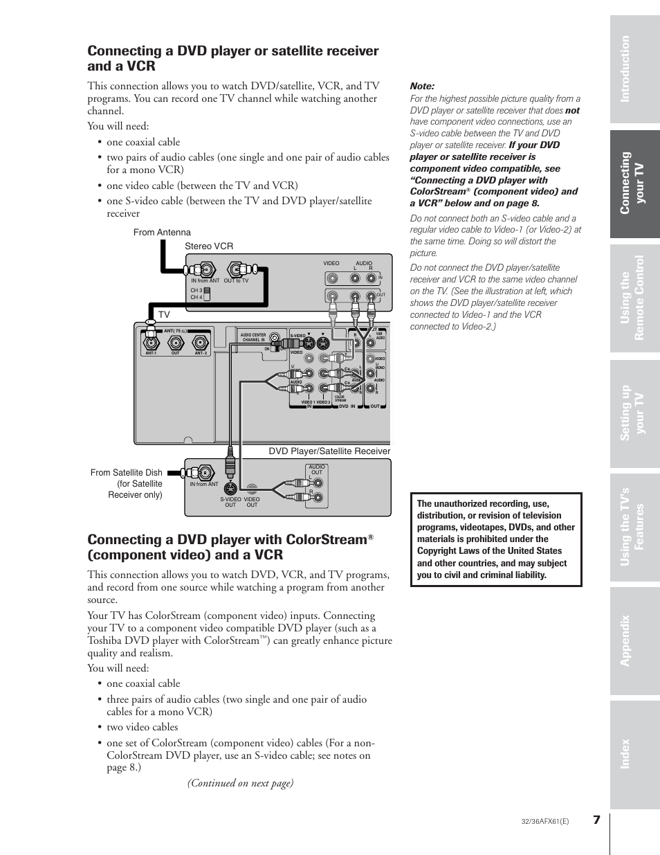 Dvd player or satellite receiver and vcr, Connecting dvd player with colorstream and vcr, Connecting a dvd player with colorstream | Component video) and a vcr | Toshiba 32AFX61 User Manual | Page 7 / 53